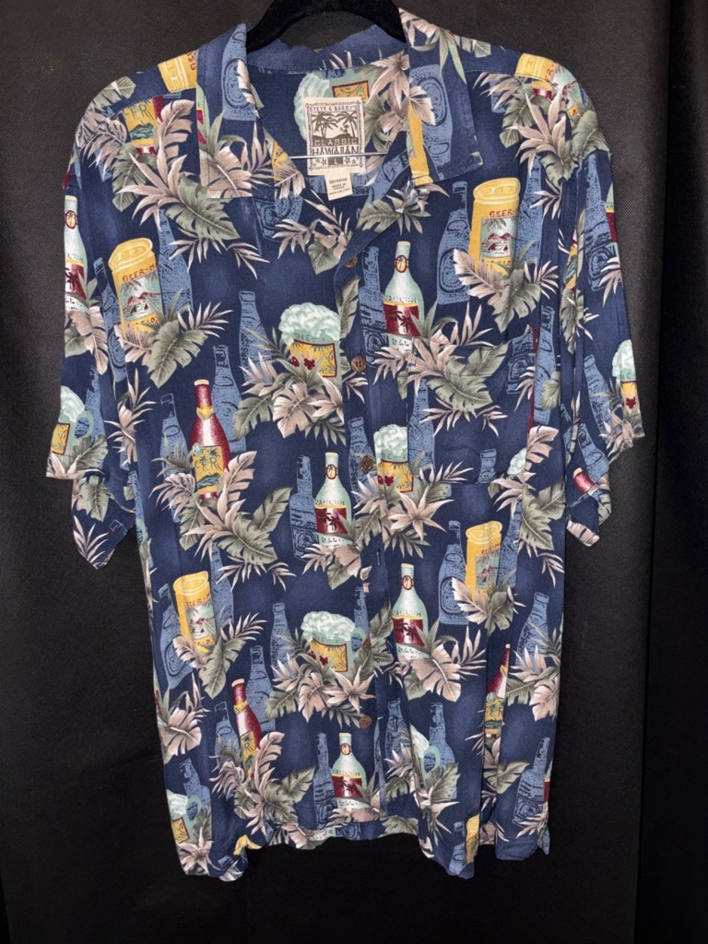Steve Barrys Hawaiian Shirt Beer Bottle Print Rayon Navy Size L EUC